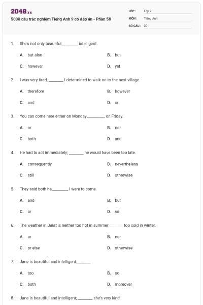 5000 câu trắc nghiệm Tiếng Anh 9 có đáp án - Phần 58