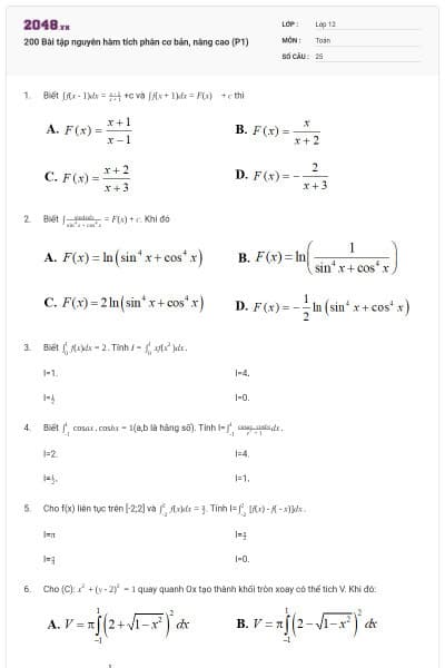 200 Bài tập nguyên hàm tích phân cơ bản, nâng cao (P1)