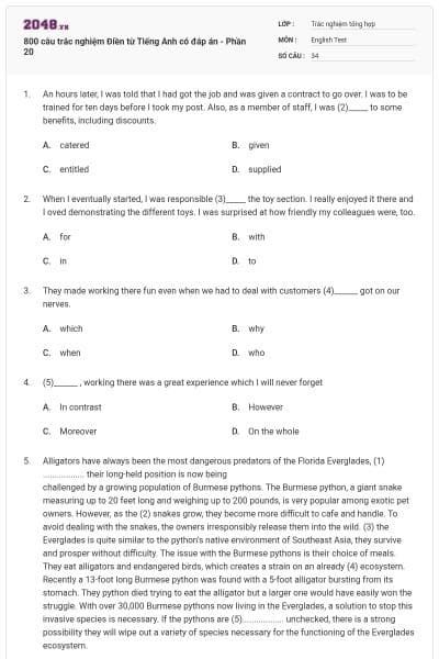 800 câu trắc nghiệm Điền từ Tiếng Anh có đáp án - Phần 20