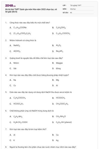 Đề thi thử THPT Quốc gia môn Hóa năm 2022 chọn lọc, có lời giải (Đề 8)