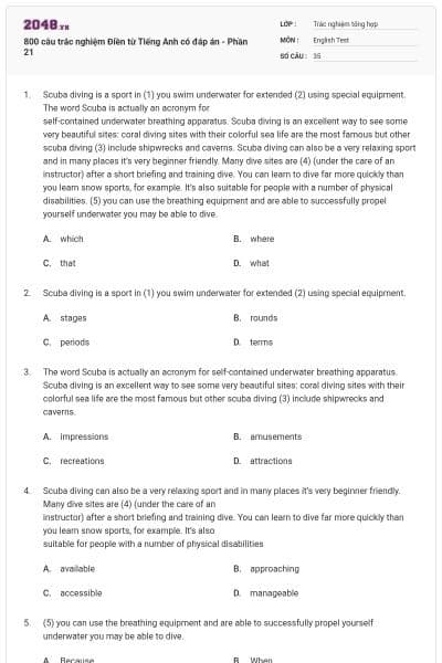 800 câu trắc nghiệm Điền từ Tiếng Anh có đáp án - Phần 21