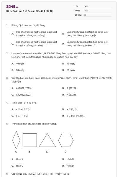 Đề thi Toán lớp 6 có đáp án Giữa kì 1 (Đề 10)