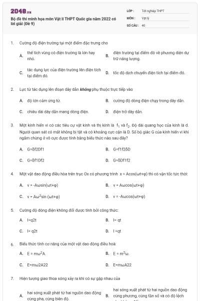Bộ đề thi minh họa môn Vật lí THPT Quốc gia năm 2022 có lời giải (Đề 9)