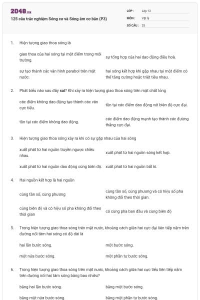 125 câu trắc nghiệm Sóng cơ và Sóng âm cơ bản (P3)