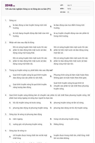 125 câu trắc nghiệm Sóng cơ và Sóng âm cơ bản (P1)