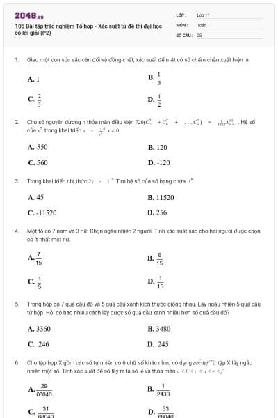105 Bài tập trắc nghiệm Tổ hợp - Xác suất từ đề thi đại học có lời giải (P2)
