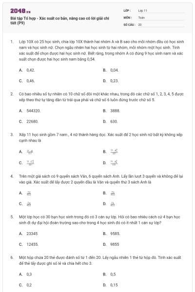 Bài tập Tổ hợp - Xác suất cơ bản, nâng cao có lời giải chi tiết (P9)