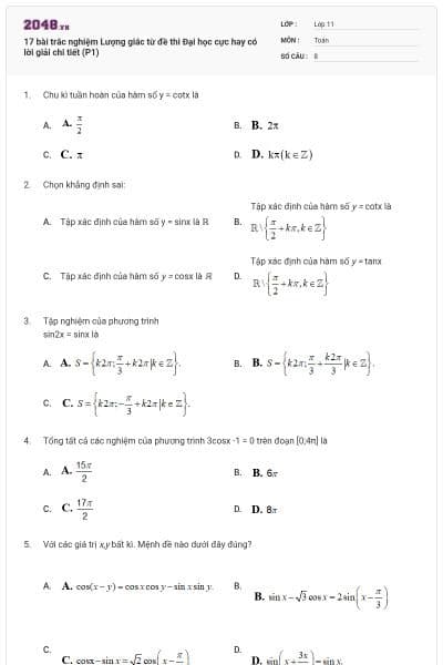 17 bài trắc nghiệm Lượng giác từ đề thi Đại học cực hay có lời giải chi tiết (P1)