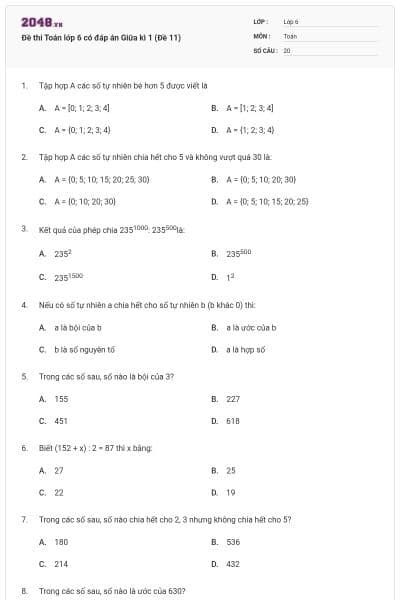 Đề thi Toán lớp 6 có đáp án Giữa kì 1 (Đề 11)