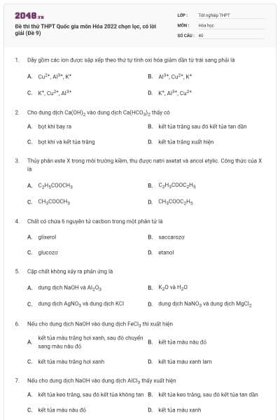 Đề thi thử THPT Quốc gia môn Hóa 2022 chọn lọc, có lời giải (Đề 9)
