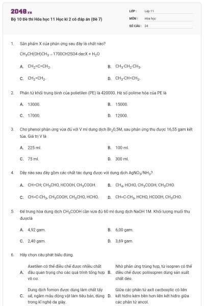 Bộ 10 Đề thi Hóa học 11 Học kì 2 có đáp án (Đề 7)