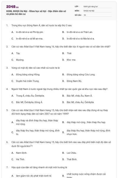 ĐGNL ĐHQG Hà Nội - Khoa học xã hội - Đặc điểm dân số và phân bố dân cư