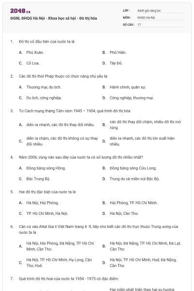 ĐGNL ĐHQG Hà Nội - Khoa học xã hội - Đô thị hóa