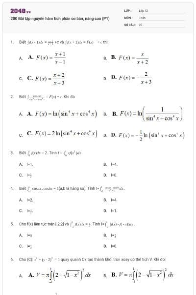 200 Bài tập nguyên hàm tích phân cơ bản, nâng cao (P1)