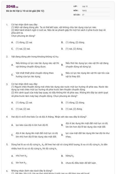 Đề ôn thi Vật Lí 10 có lời giải (Đề 12)