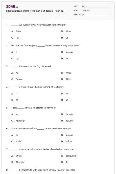 5000 câu trắc nghiệm Tiếng Anh 9 có đáp án - Phần 62