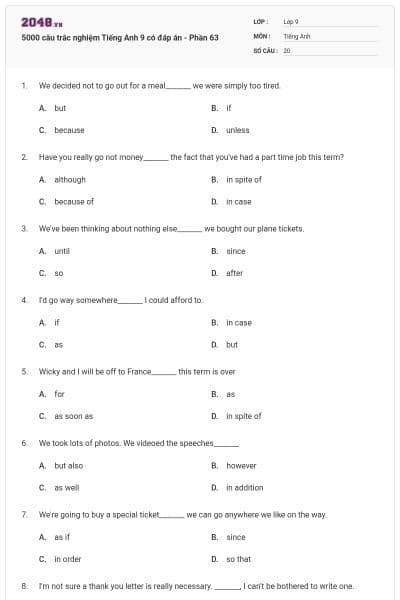 5000 câu trắc nghiệm Tiếng Anh 9 có đáp án - Phần 63