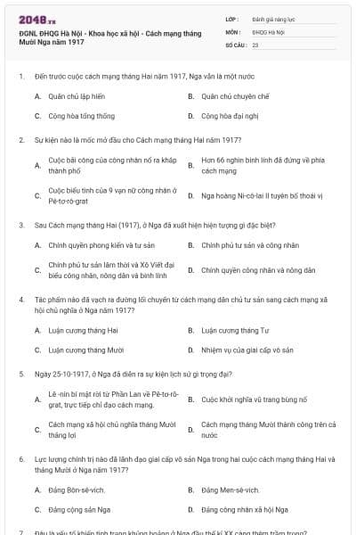ĐGNL ĐHQG Hà Nội - Khoa học xã hội - Cách mạng tháng Mười Nga năm 1917