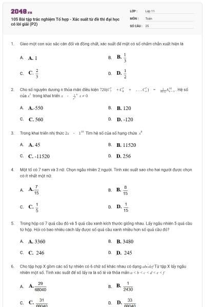 105 Bài tập trắc nghiệm Tổ hợp - Xác suất từ đề thi đại học có lời giải (P2)