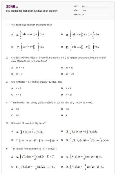 210 câu Bài tập Tích phân cực hay có lời giải (P2)
