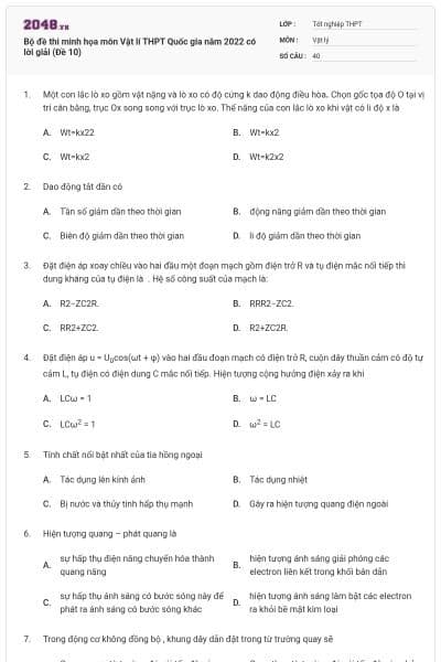 Bộ đề thi minh họa môn Vật lí THPT Quốc gia năm 2022 có lời giải (Đề 10)