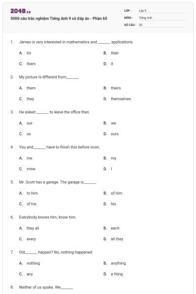 5000 câu trắc nghiệm Tiếng Anh 9 có đáp án - Phần 65