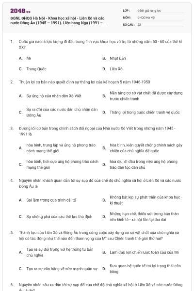 ĐGNL ĐHQG Hà Nội - Khoa học xã hội - Liên Xô và các nước Đông Âu (1945 – 1991). Liên bang Nga (1991 – 2000)