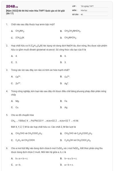 [Năm 2022] Đề thi thử môn Hóa THPT Quốc gia có lời giải (Đề 17)
