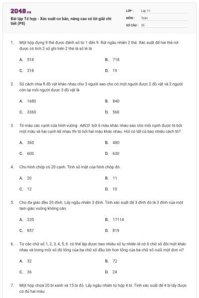 Bài tập Tổ hợp - Xác suất cơ bản, nâng cao có lời giải chi tiết (P8)