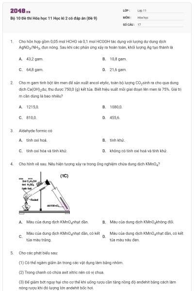Bộ 10 Đề thi Hóa học 11 Học kì 2 có đáp án  (Đề 9)