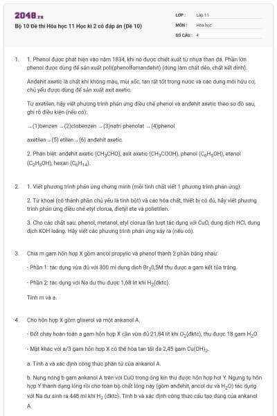 Bộ 10 Đề thi Hóa học 11 Học kì 2 có đáp án (Đề 10)