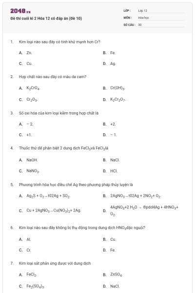 Đề thi cuối kì 2 Hóa 12 có đáp án (Đề 10)