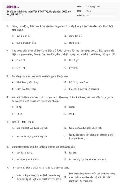 Bộ đề thi minh họa môn Vật lí THPT Quốc gia năm 2022 có lời giải (Đề 11)