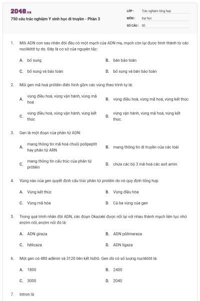 750 câu trắc nghiệm Y sinh học di truyền - Phần 3