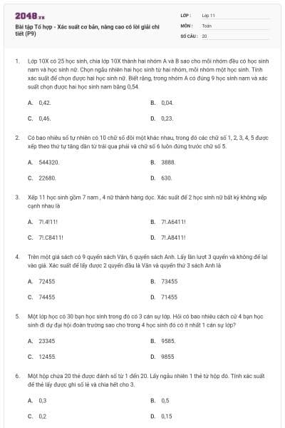 Bài tập Tổ hợp - Xác suất cơ bản, nâng cao có lời giải chi tiết (P9)