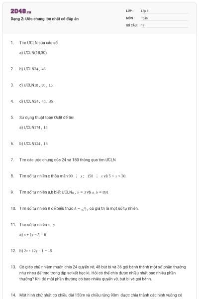 Dạng 2: Ước chung lớn nhất có đáp án