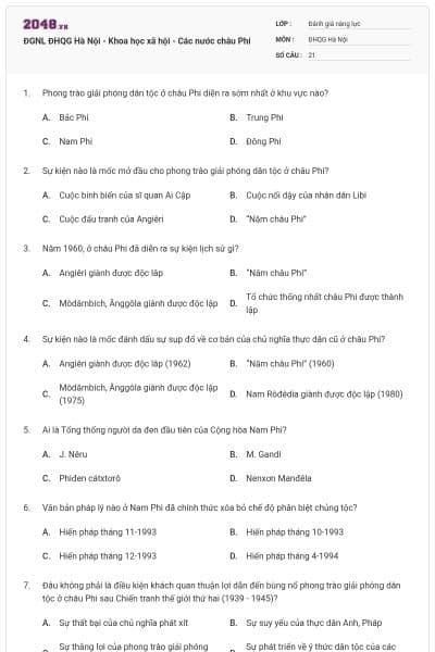 ĐGNL ĐHQG Hà Nội - Khoa học xã hội - Các nước châu Phi