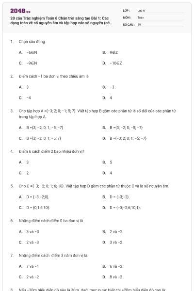 20 câu Trắc nghiệm Toán 6 Chân trời sáng tạo Bài 1: Các dạng toán về số nguyên âm và tập hợp các số nguyên (có đáp án)
