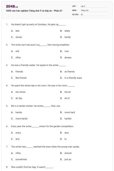 5000 câu trắc nghiệm Tiếng Anh 9 có đáp án - Phần 67