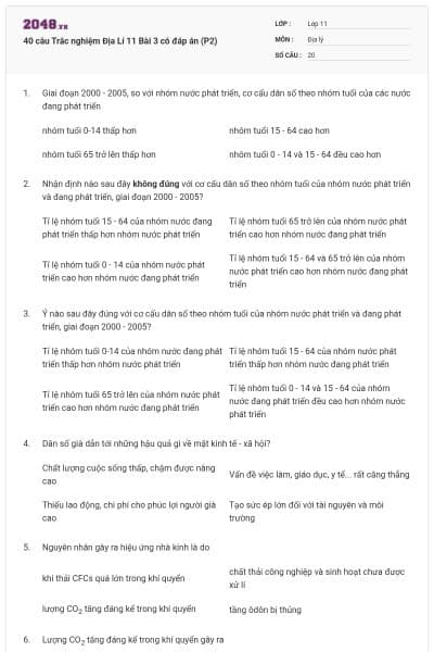 40 câu  Trắc nghiệm Địa Lí 11 Bài 3 có đáp án (P2)