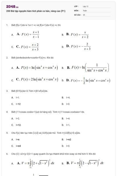 200 Bài tập nguyên hàm tích phân cơ bản, nâng cao (P1)