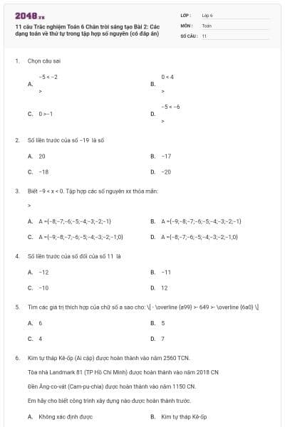 11 câu Trắc nghiệm Toán 6 Chân trời sáng tạo Bài 2: Các dạng toán về thứ tự trong tập hợp số nguyên (có đáp án)