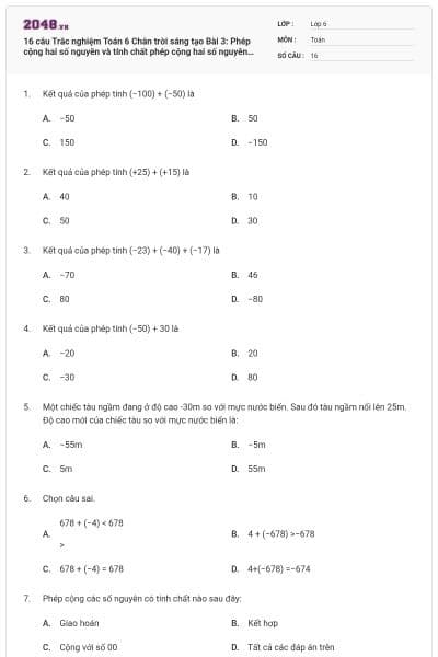 16 câu Trắc nghiệm Toán 6 Chân trời sáng tạo Bài 3: Phép cộng hai số nguyên và tính chất phép cộng hai số nguyên (có đáp án)