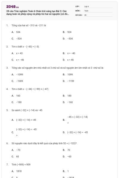 28 câu Trắc nghiệm Toán 6 Chân trời sáng tạo Bài 3: Các dạng toán về phép cộng và phép trừ hai số nguyên (có đáp án)