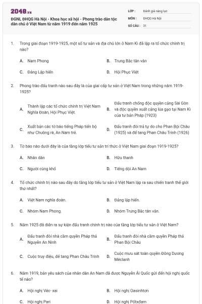 ĐGNL ĐHQG Hà Nội - Khoa học xã hội - Phong trào dân tộc dân chủ ở Việt Nam từ năm 1919 đến năm 1925