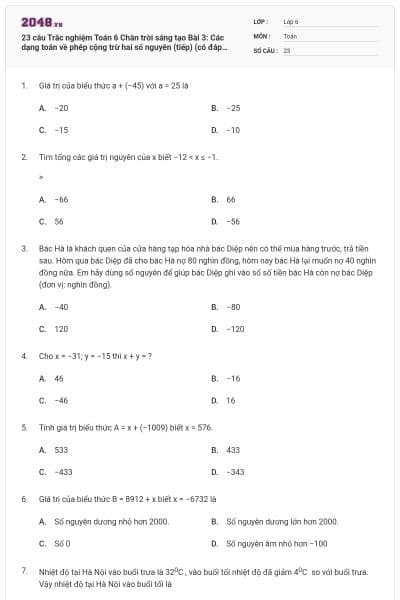 23 câu Trắc nghiệm Toán 6 Chân trời sáng tạo Bài 3: Các dạng toán về phép cộng trừ hai số nguyên (tiếp) (có đáp án)