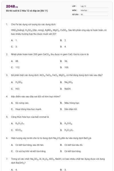 Đề thi cuối kì 2 Hóa 12 có đáp án (Đề 11)