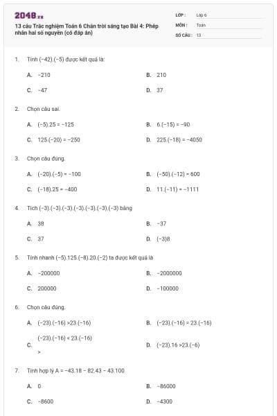 13 câu Trắc nghiệm Toán 6 Chân trời sáng tạo Bài 4: Phép nhân hai số nguyên (có đáp án)