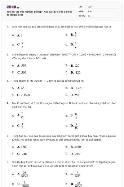 105 Bài tập trắc nghiệm Tổ hợp - Xác suất từ đề thi đại học có lời giải (P2)