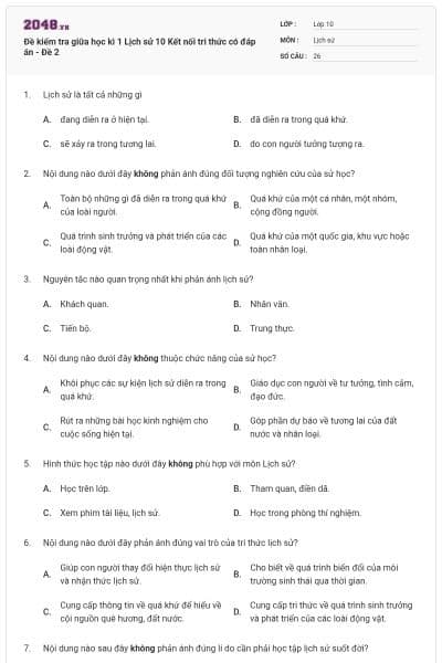 Đề kiểm tra giữa học kì 1 Lịch sử 10 Kết nối tri thức có đáp án - Đề 2